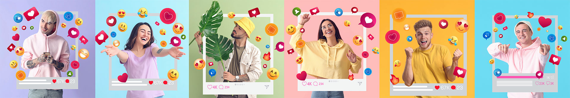 Pessoas dentro de molduras de publicações do Instagram, cercadas por corações, curtidas e comentários